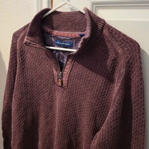Tommy Bahama Mens Quarter Zip Waffle Knit Sweater Burgundy Elbow Patches Medium